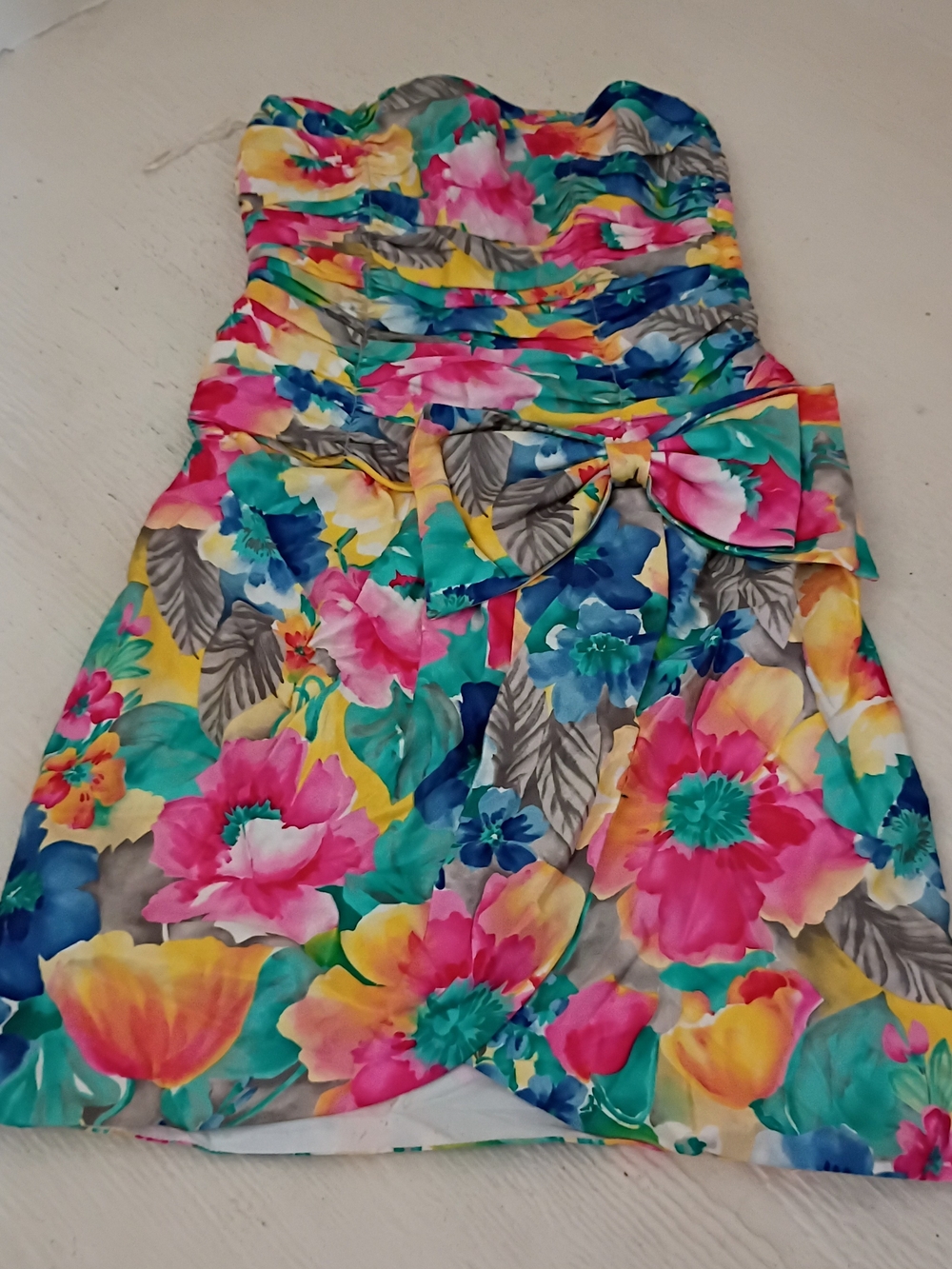 Neiman Marcus Strapless Floral Cocktail Dress in Pink, Yellow, Teal, Blue